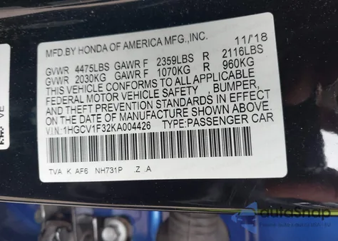 2019 Honda Accord Sport z USA, uszkodzony, nr VIN 1HGCV1F32KA004426